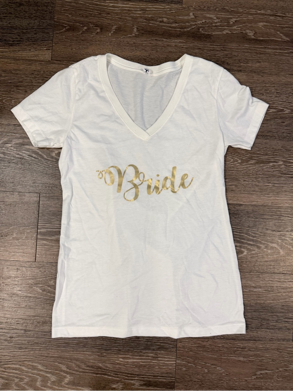 Bride V-Neck Short Sleeve Tee - White with Gold Script